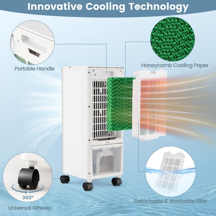 3-in-1 evaporative air cooler with honeycomb cooling paper, portable handle, and detachable filter for easy maintenance.