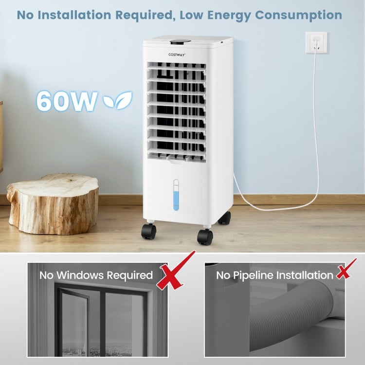 3-in-1 evaporative air cooler in white with remote, featuring 3 wind modes and no installation required for easy use.