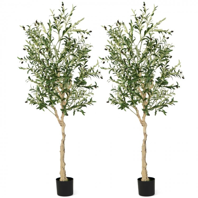 Two 6 feet artificial olive trees with 1264 leaves and 72 fruits in cement pots, ideal for indoor and outdoor decor.