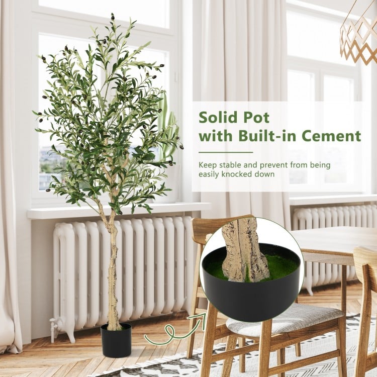 6 feet artificial olive tree in a solid cement pot, featuring 1264 leaves and 72 fruits, ideal for indoor decoration.