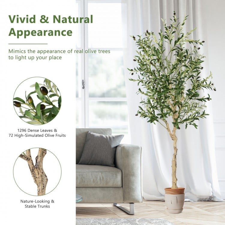 6 feet artificial olive tree with 1264 leaves and 72 fruits in a cement pot, ideal for indoor and outdoor decoration.