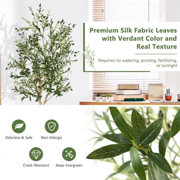 6-foot artificial olive tree with 1264 silk leaves and cement pot, perfect for indoor or outdoor decoration.