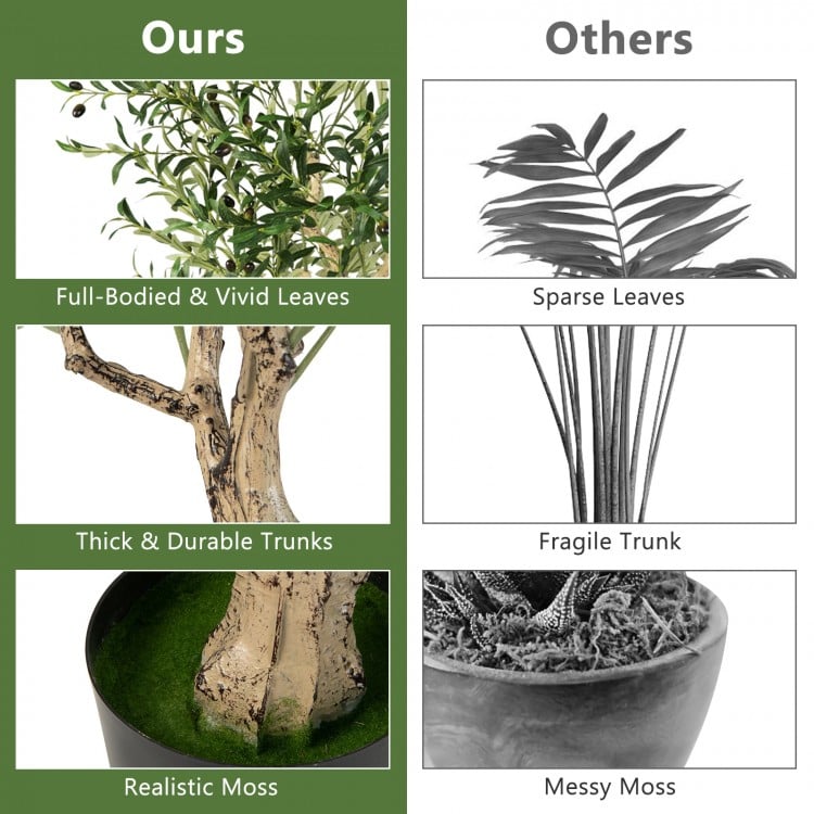 6 feet artificial olive tree with 1264 leaves and realistic moss in a sturdy cement pot for indoor and outdoor decor.