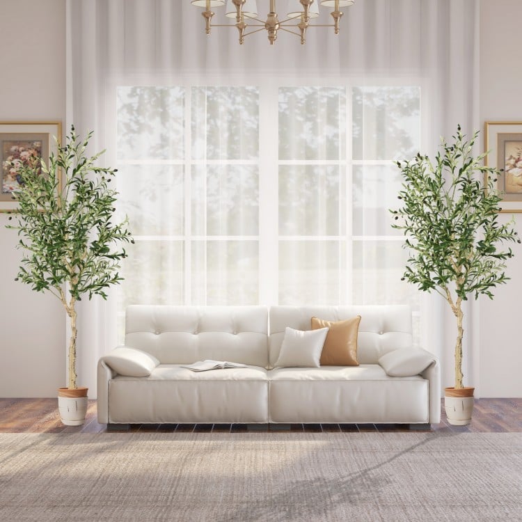Artificial olive tree with 1264 leaves and 72 fruits in a cement pot, ideal for indoor or outdoor decoration.