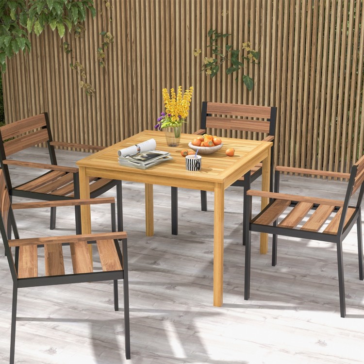 Square acacia wood outdoor dining table with umbrella hole, perfect for 4 persons, ideal for garden or patio use.