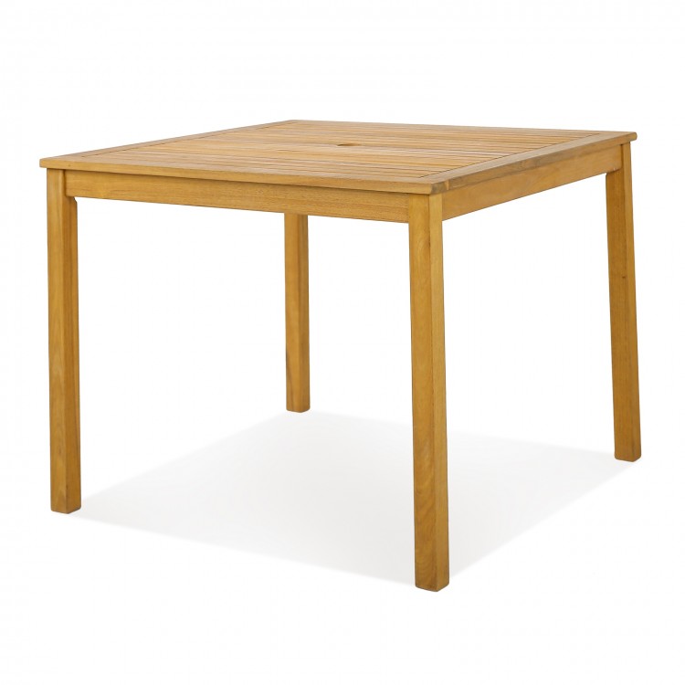Square acacia wood outdoor dining table with umbrella hole, designed for 4 persons, perfect for garden or patio use.