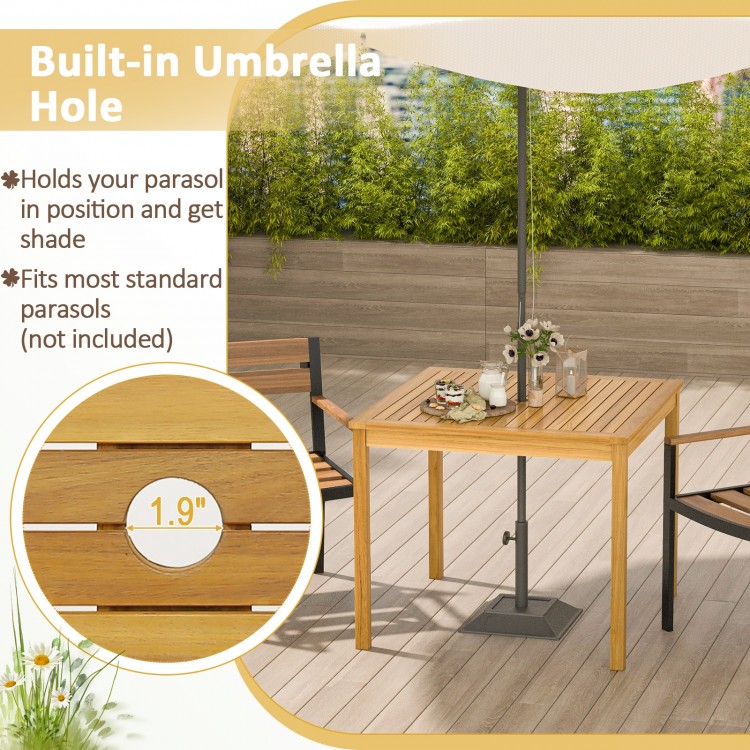 Square acacia wood outdoor dining table featuring a built-in 1.9" umbrella hole, perfect for garden or patio use.