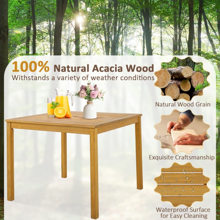 Square acacia wood outdoor dining table with umbrella hole, weather-proof, spacious for 4, ideal for garden or patio.