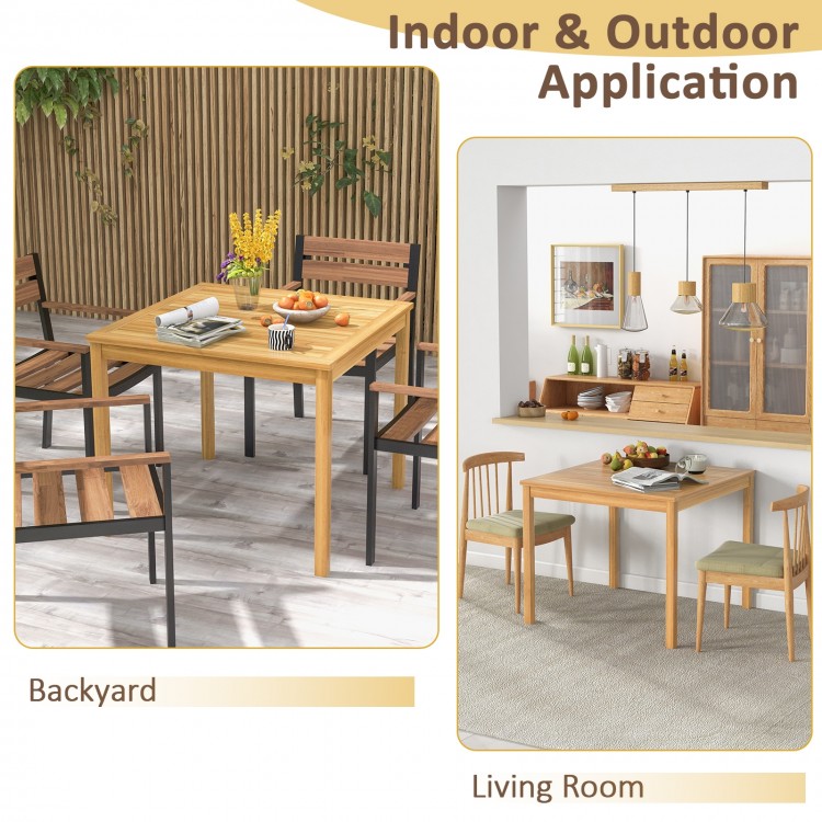 Square acacia wood outdoor dining table with umbrella hole, ideal for 4 persons, perfect for backyard or living room.