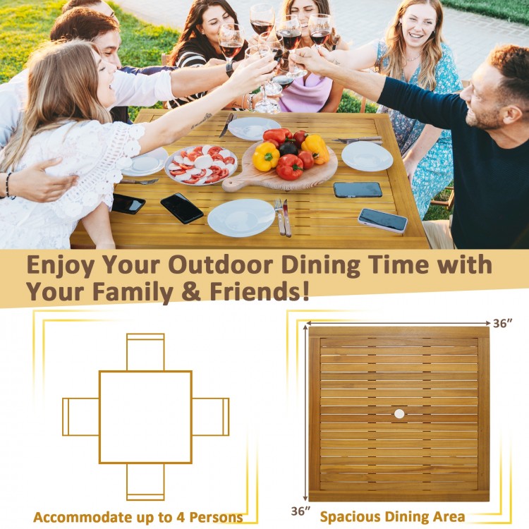 Square acacia wood outdoor dining table with umbrella hole, seating up to 4, perfect for garden or patio gatherings.