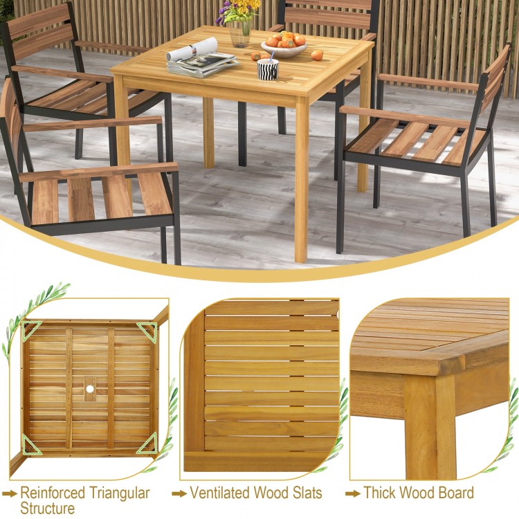 Square acacia wood outdoor dining table with umbrella hole, featuring ventilated slats and a reinforced triangular.