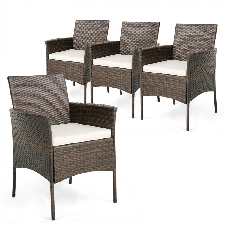 Set of 4 patio dining chairs with armrests, featuring durable PE wicker and soft cushions for outdoor comfort.