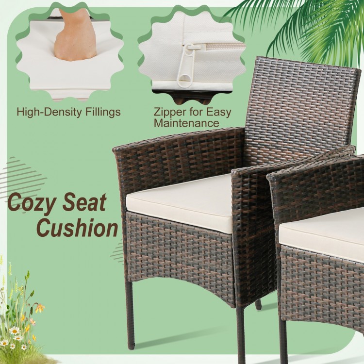 Cozy seat cushion on a PE wicker dining chair with armrests, featuring high-density fillings and a zipper for easy.