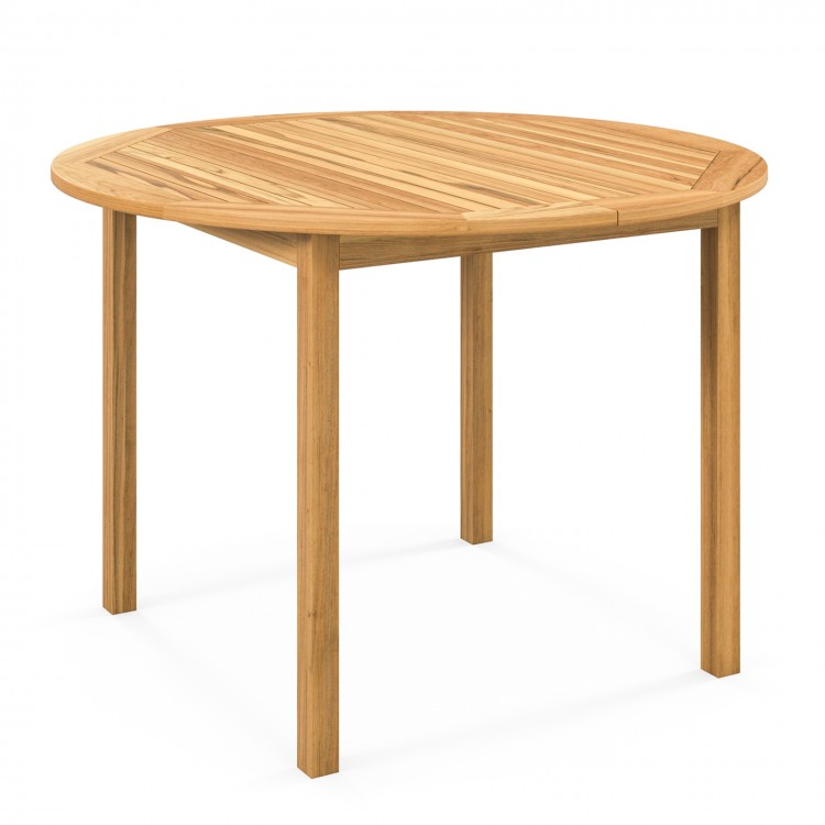 Round outdoor dining table made of acacia wood, spacious for 4 persons, featuring a durable waterproof surface.
