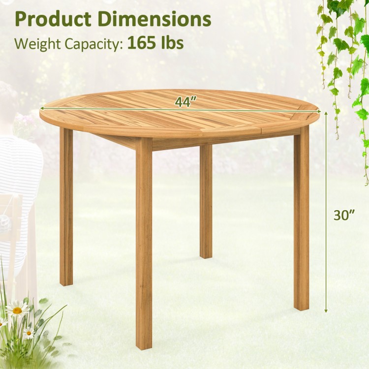 Round outdoor dining table made of acacia wood, 44" diameter, 30" height, perfect for 4-person gatherings.