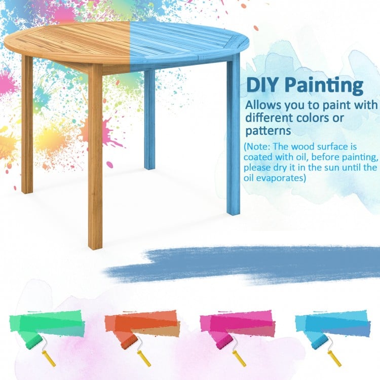 Large round outdoor dining table made of acacia wood, featuring a paintable surface for custom designs, perfect for 4.
