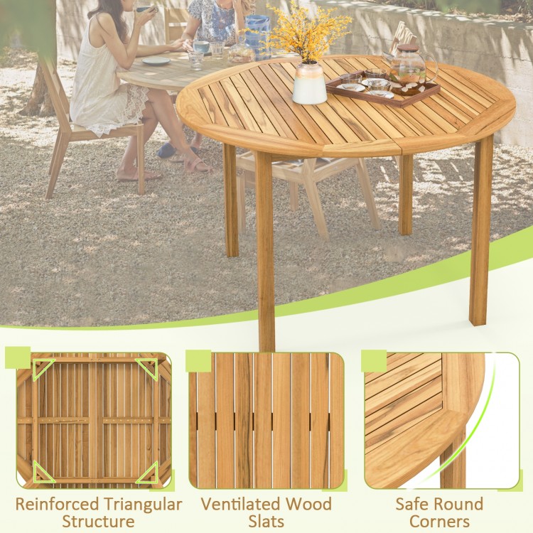 Round outdoor dining table made of acacia wood, featuring ventilated slats and reinforced structure for stability.