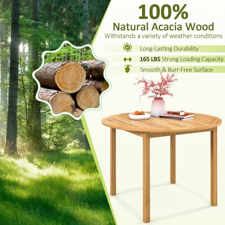 Large round outdoor dining table made of 100% natural acacia wood, suitable for 4 persons, perfect for gardens and.