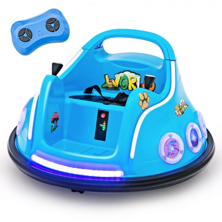 Blue 12V electric bumper car with remote control, LED lights, and cartoon design for safe, fun playtime.