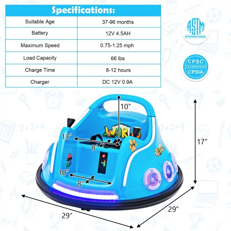 Bumper car in navy blue with LED lights, featuring dual joysticks and remote control for kids aged 37-96 months.