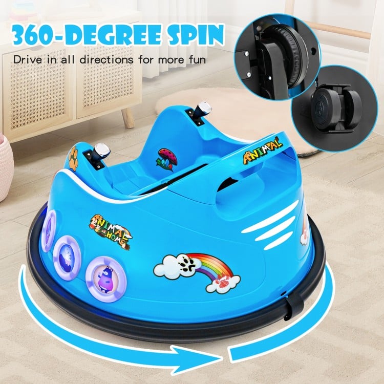 Bumper car in blue with cartoon designs, featuring 360-degree spin, LED lights, and remote control for safe operation.