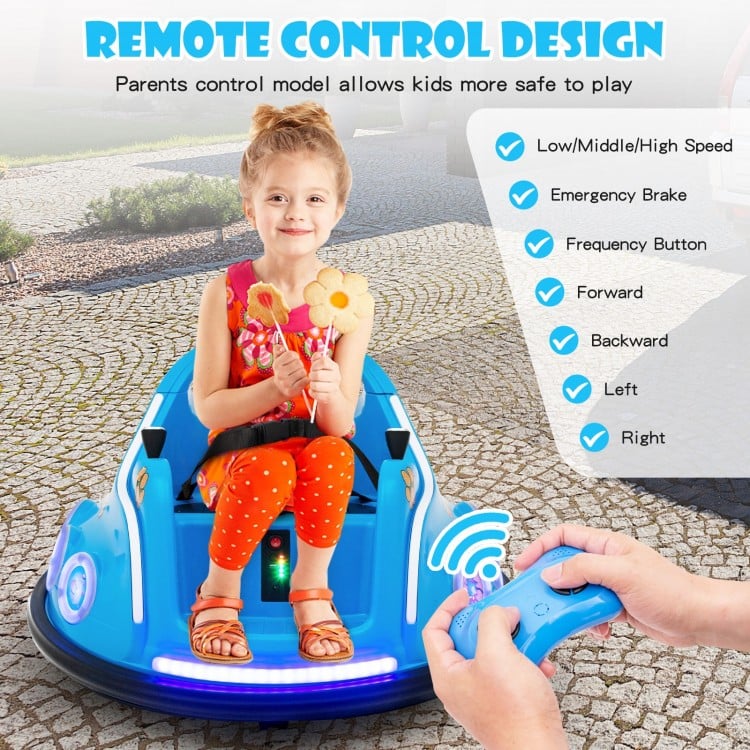 Bumper car in navy with remote control, LED lights, and 360-degree rotation for safe, fun playtime.