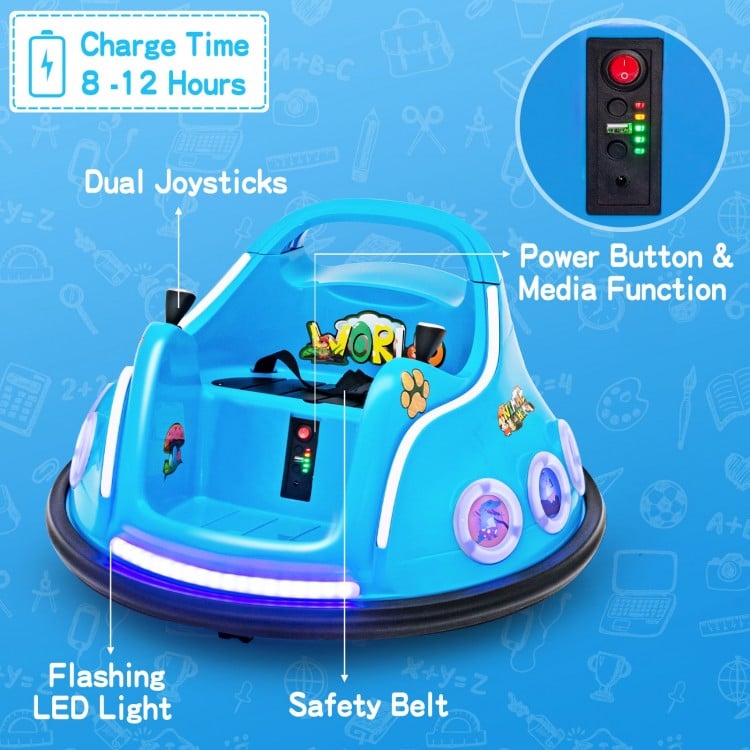 Bright blue 12V electric bumper car with dual joysticks, LED lights, and safety belt for fun, safe playtime.