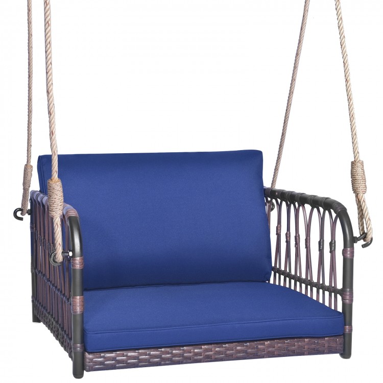 Patio Rattan Single Person Hanging Swing with Seat and Back Cushions - Gallery View 1 of 10