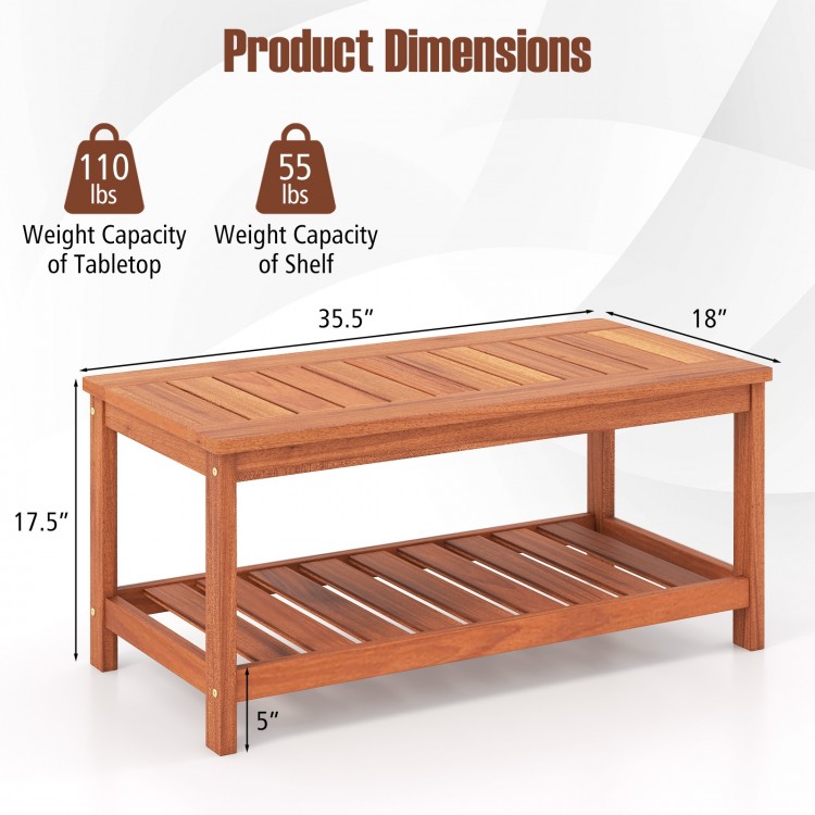 Product dimensions of the 2-tier patio coffee table, showcasing a spacious slatted tabletop and sturdy lower shelf.