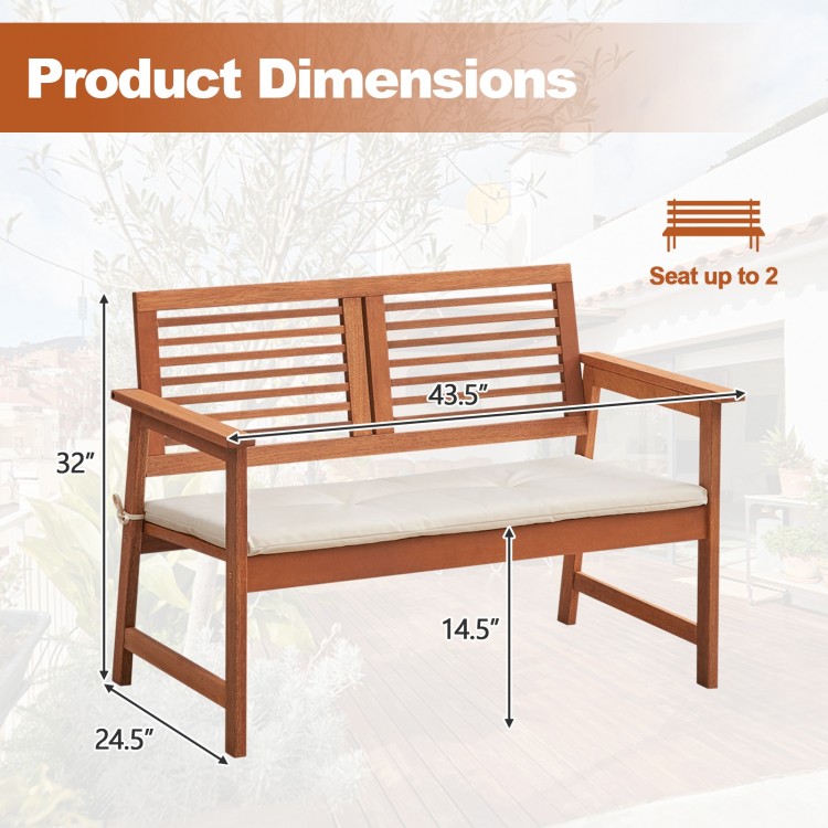 Solid wood patio bench dimensions showing ergonomic design, seat cushions, and capacity for 2 people, perfect for.