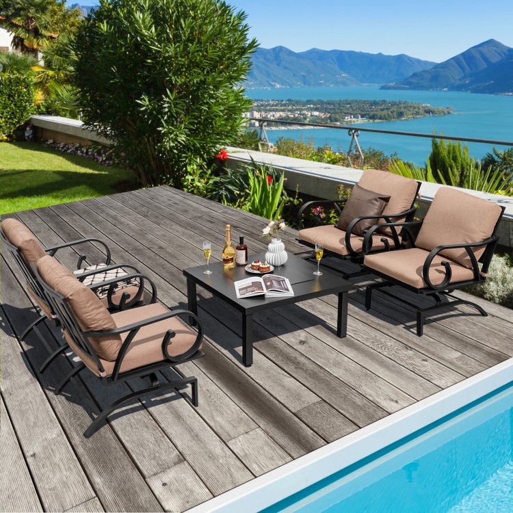 Patio set featuring 5 pieces with rocking chairs and a versatile fire pit table, perfect for backyard relaxation.