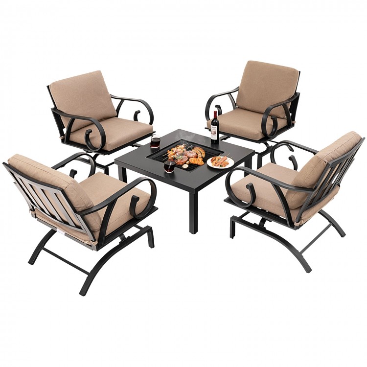 5-piece patio set featuring rocking chairs and a versatile fire pit table, perfect for backyard relaxation.