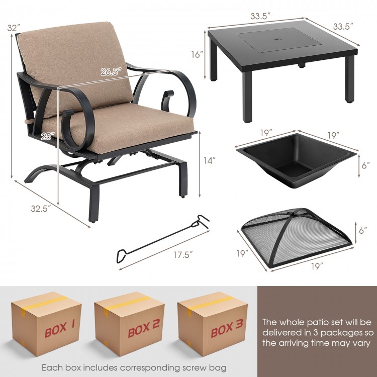 Patio rocking chair with thick cushions and curved armrests, featuring a rustproof metal frame for backyard relaxation.
