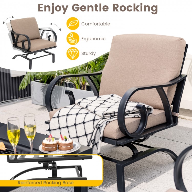 Patio rocking chair with ergonomic design, thick cushions, and sturdy metal frame, perfect for backyard relaxation.