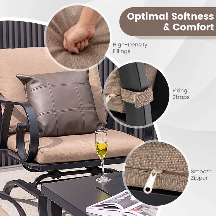 Close-up of the patio rocking chair's cushion with fixing straps and smooth zipper, showcasing optimal softness and.