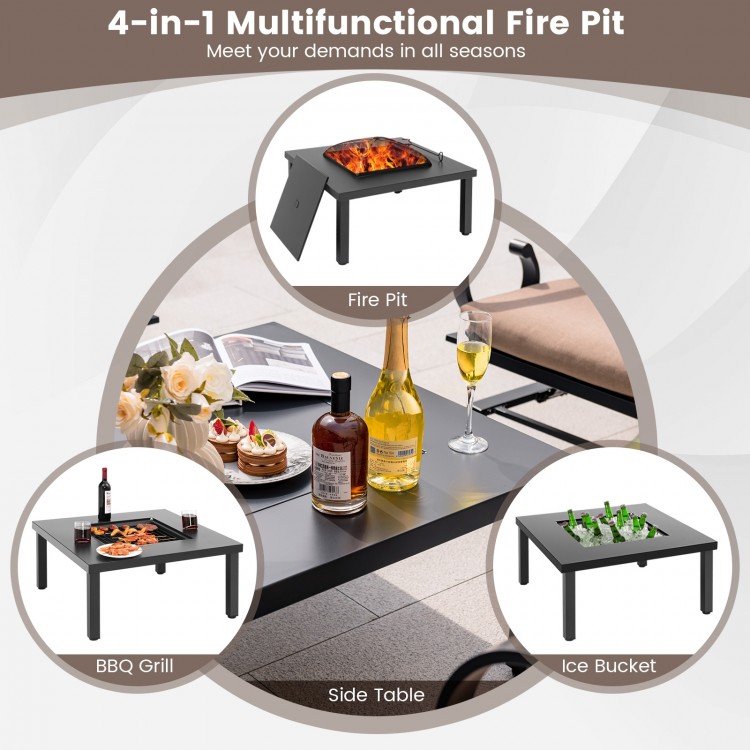 4-in-1 fire pit table shown as a BBQ grill, side table, and ice bucket, perfect for outdoor patio use.