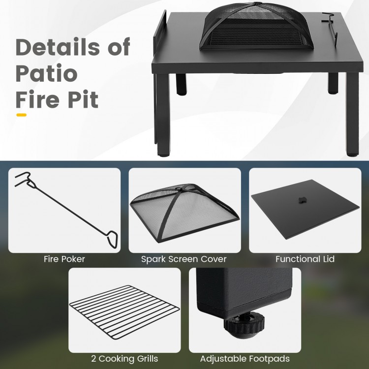 Patio fire pit table with spark screen cover, fire poker, and adjustable footpads for versatile outdoor use.