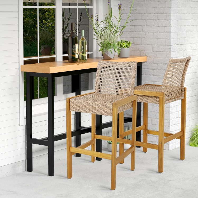 Set of 2 rattan patio barstools with acacia wood frame and backrest, perfect for indoor or outdoor dining.