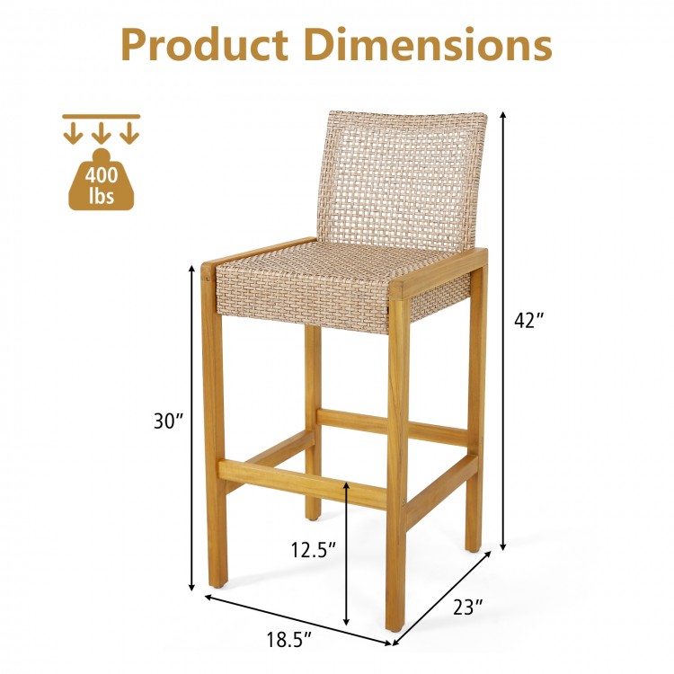 Rattan patio barstool with acacia wood frame, ergonomic seat, and footrest, ideal for indoor and outdoor use.