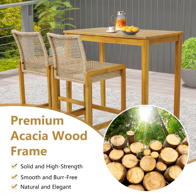 Set of 2 rattan patio barstools with acacia wood frame, ergonomic design, perfect for indoor and outdoor dining.