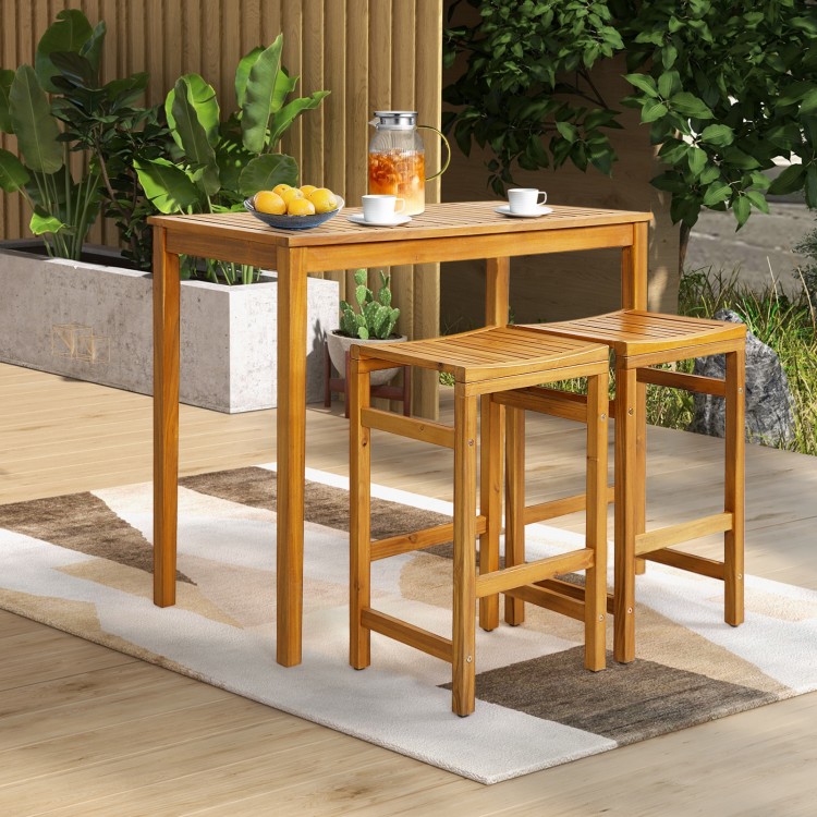 Acacia wood bar chairs with saddle-shaped seats and footrests, ideal for outdoor dining or relaxation.