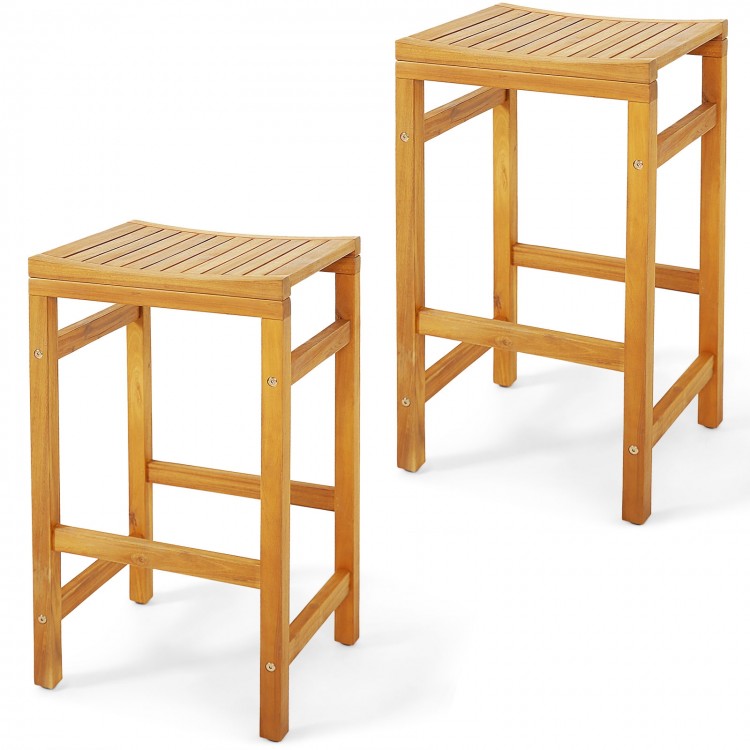Set of 2 acacia wood bar chairs with saddle-shaped seats and sturdy footrests, ideal for outdoor use.