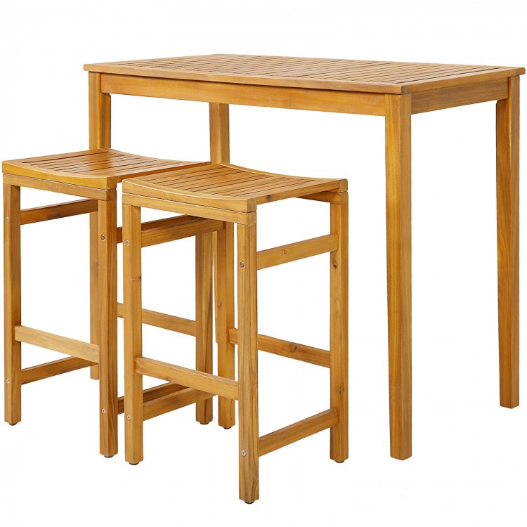 Acacia wood bar chair set of 2 with saddle-shaped seats and sturdy footrests, ideal for outdoor use.