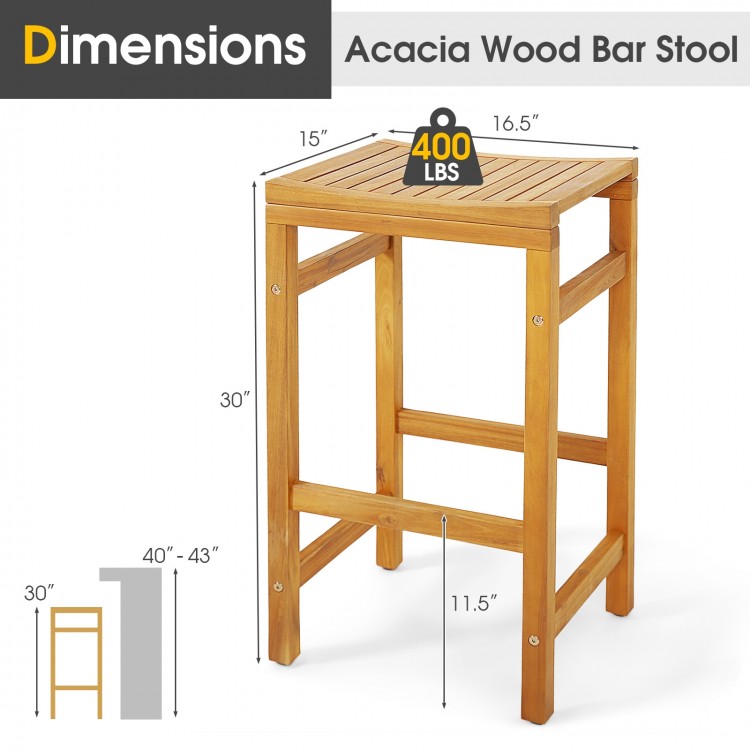 Acacia wood bar stool with saddle-shaped seat, 30-inch height, sturdy footrest, supports up to 400 lbs, ideal for.