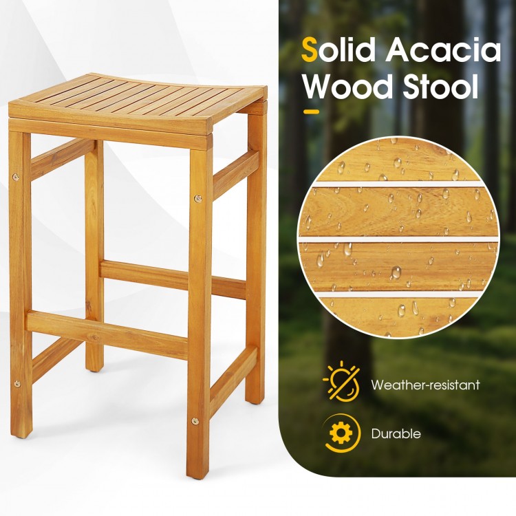 Acacia wood bar stool with a saddle-shaped seat and sturdy footrest, ideal for outdoor use and durability.