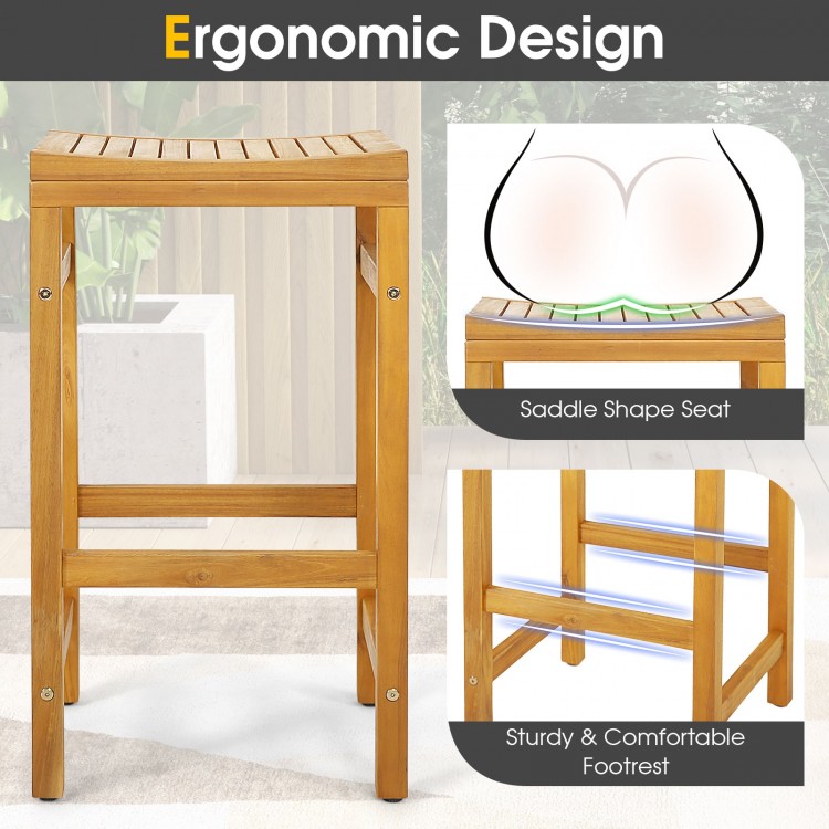 30-inch acacia wood bar chair with saddle-shaped seat and sturdy footrest, ideal for outdoor seating comfort.