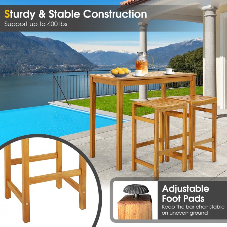 30-inch height acacia wood bar chair set of 2 with saddle-shaped seats, ideal for outdoor use by the pool.