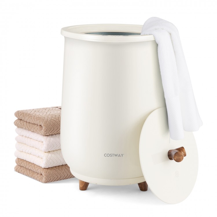 Large luxury towel warmer with a removable lid, 23L capacity, and fragrant disc holder for customized scents.