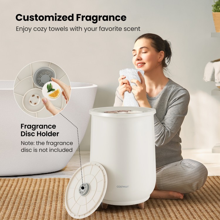 Large gray towel warmer with fragrant disc holder, showcasing cozy towels and multiple heating modes for convenience.