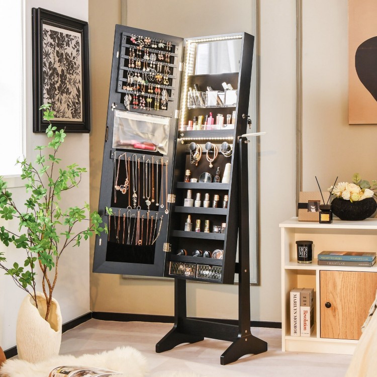 Freestanding black jewelry cabinet with full-length mirror, LED lights, and ample storage for accessories and cosmetics.